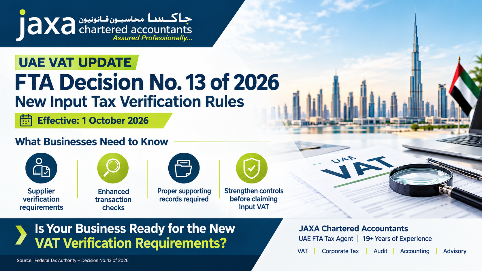 UAE VAT Update: FTA Decision No. 13 of 2026 – New Input Tax Verification Rules – Effective October 1, 2026